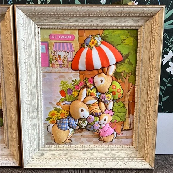 VINTAGE set of 2 Creative Circle Market Time bunny stitch & stuff kit 3D framed - Picture 4 of 17